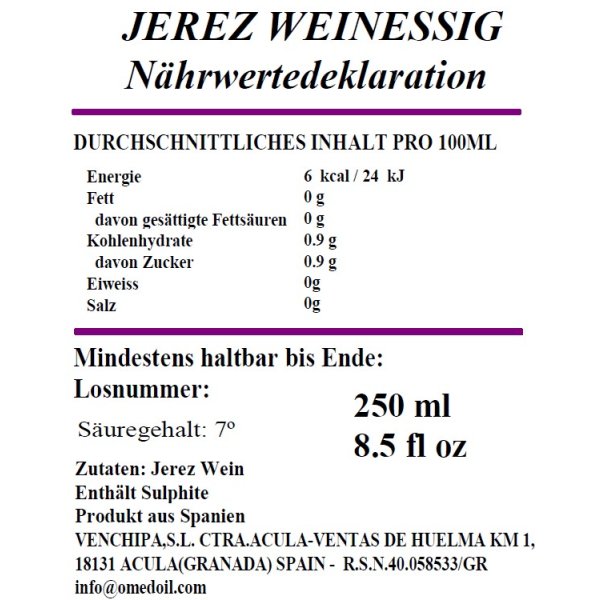 Sherry Weinessig Jerez O Med, 250ml