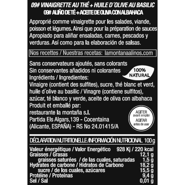 Dressing Té + Aceite de Oliva con Albahaca (Tee & Olivenöl mit Basilikum) La Montana Alinos, 250ml