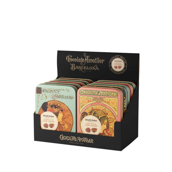 Hojas Finas Milchschokolade in dekorativer Blechdose Chocolate Amatller, 60g