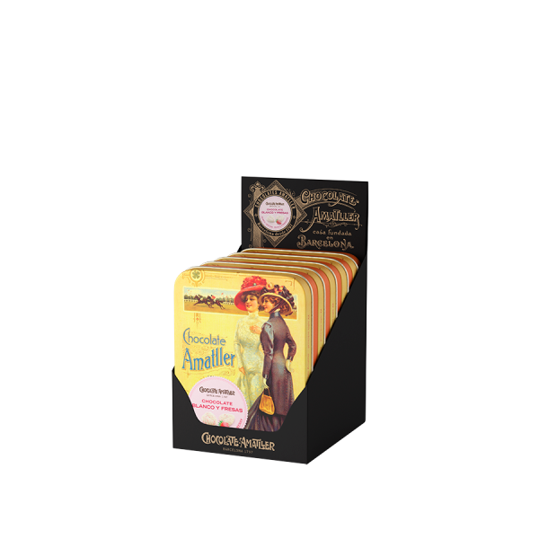 Hojas Finas Weisse Schokolade mit Erdbeere in dekorativer Blechdose Chocolate Amatller, 60g