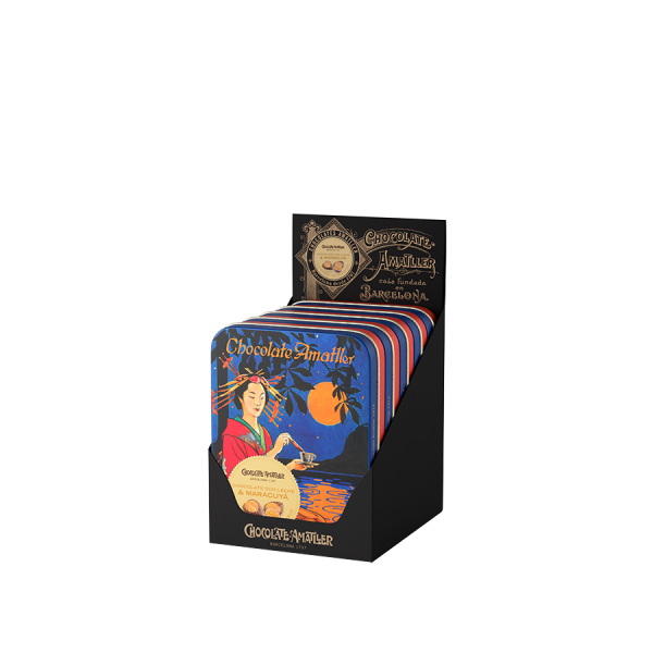 Hojas Finas Milchschokolade mit Passionsfrucht in dekorativer Blechdose Chocolate Amatller, 60g