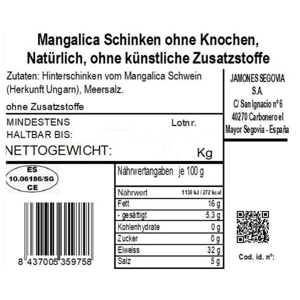 Schinken Jamon Mangalica ohne Knochen 28 Monate gereift Monte Nevado, 100% natural