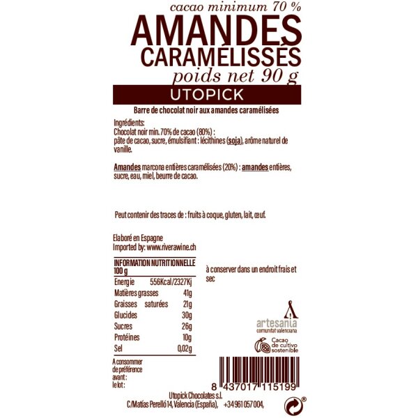 Schwarze Schokolade mit karamellisierten Mandeln Utopick, 80g